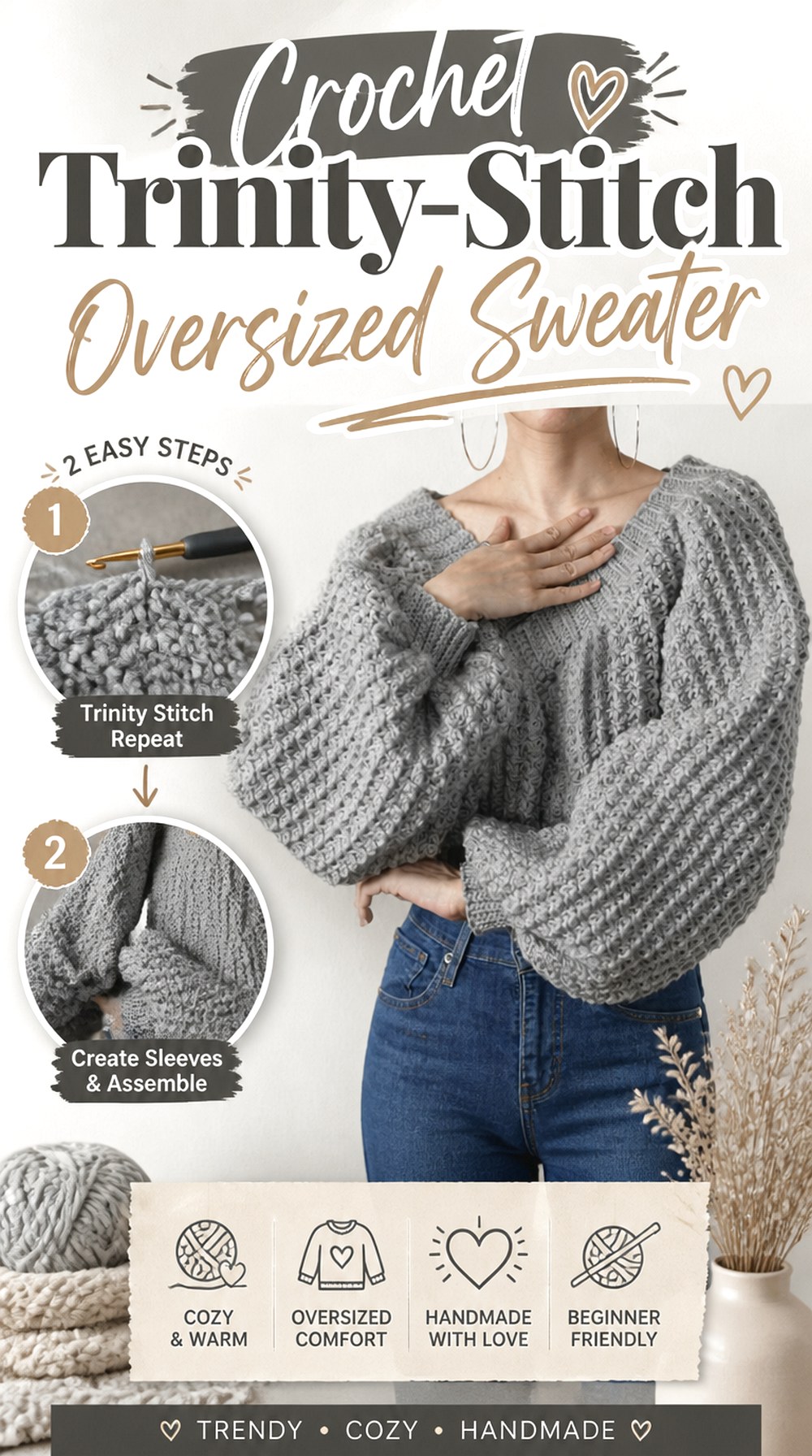 Crochet Trinity Stitch Oversized Sweater