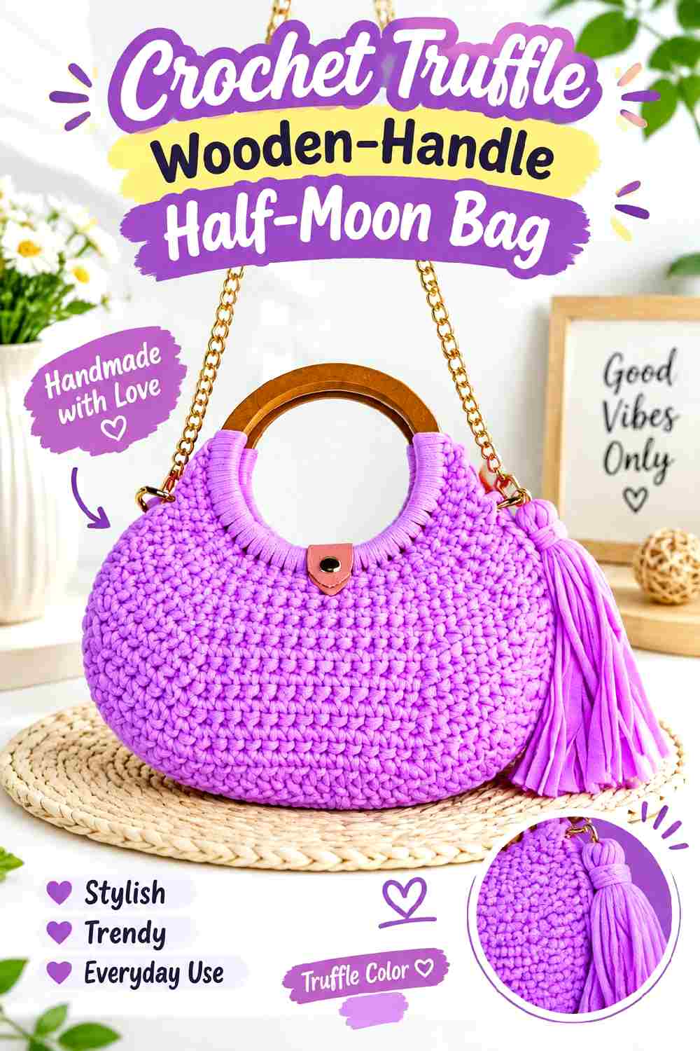 7. Crochet Truffle Wooden Handle Half Moon Bag