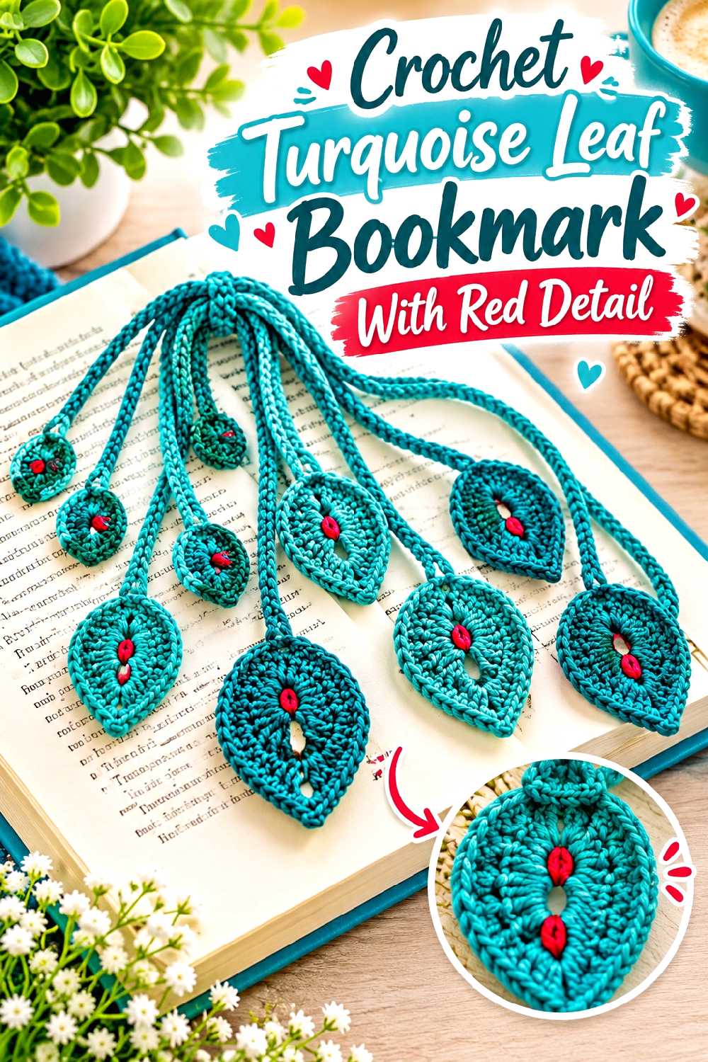 Crochet Turquoise Leaf Bookmark With Red Detail