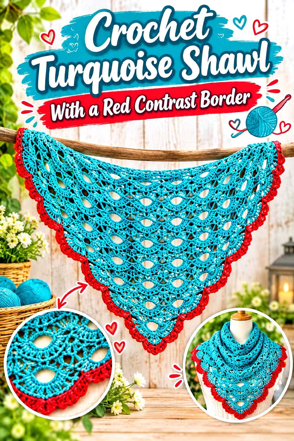 Crochet Turquoise Shawl With a Red Contrast Border