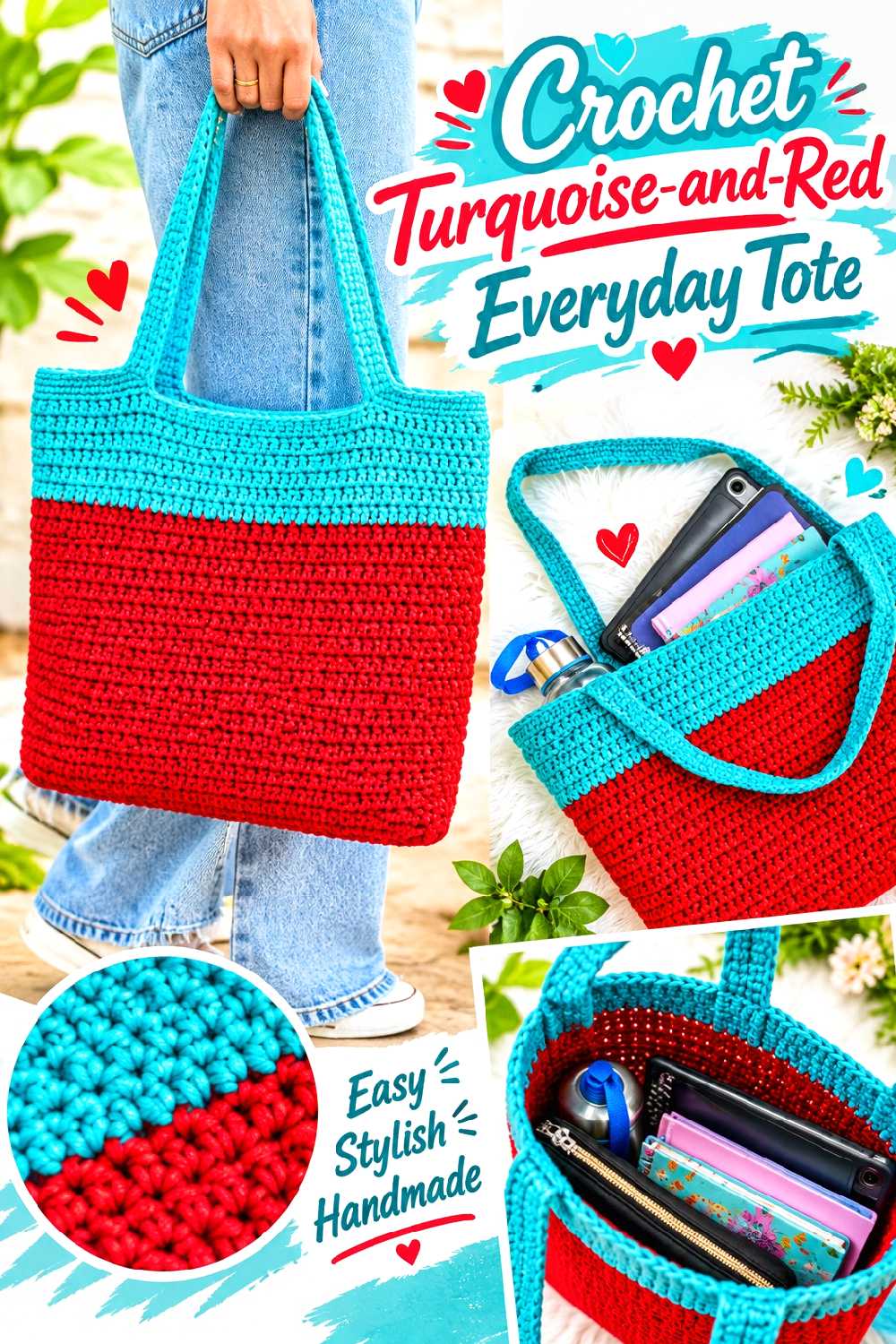 Crochet Turquoise and Red Everyday Tote