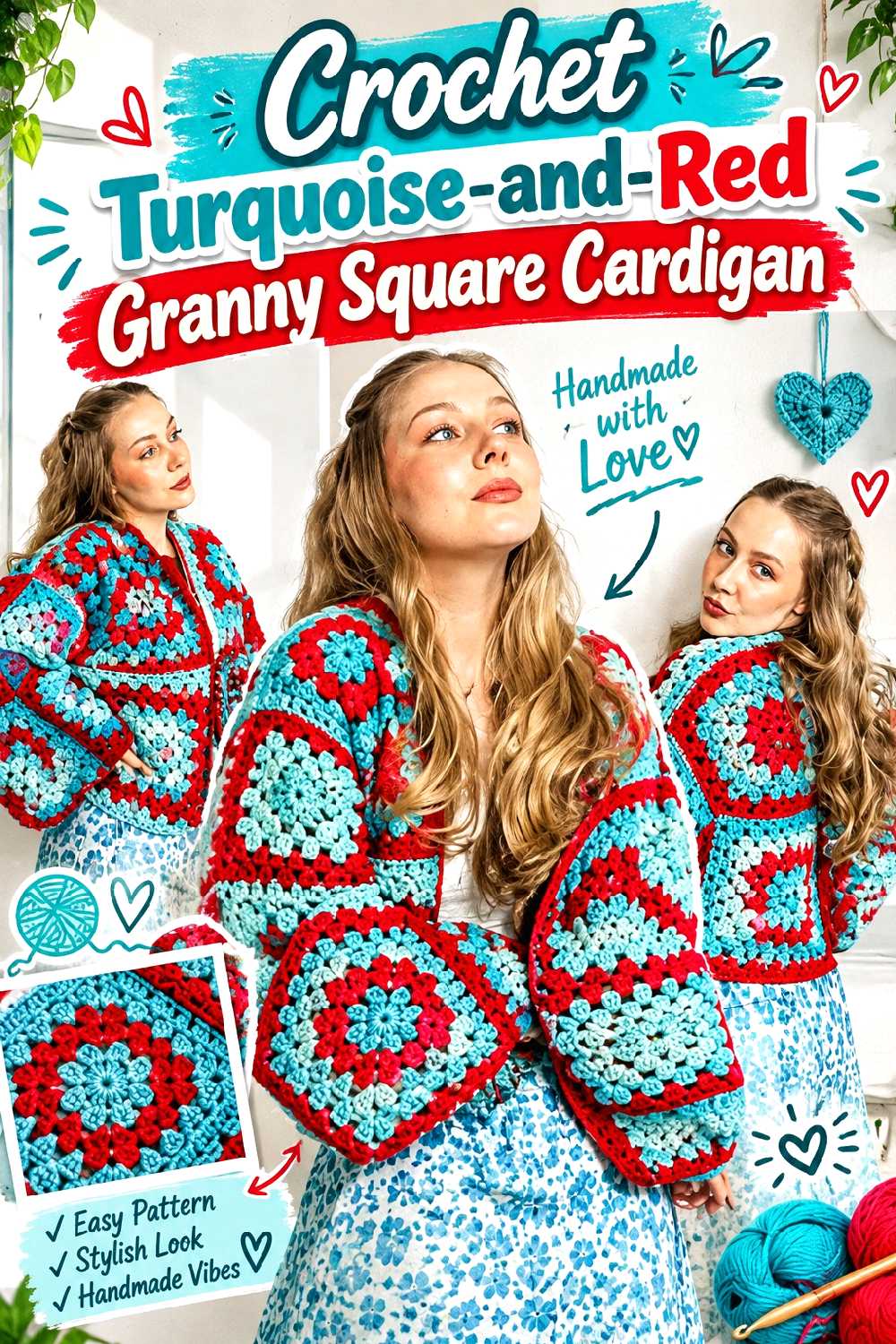 Crochet Turquoise and Red Granny Square Cardigan
