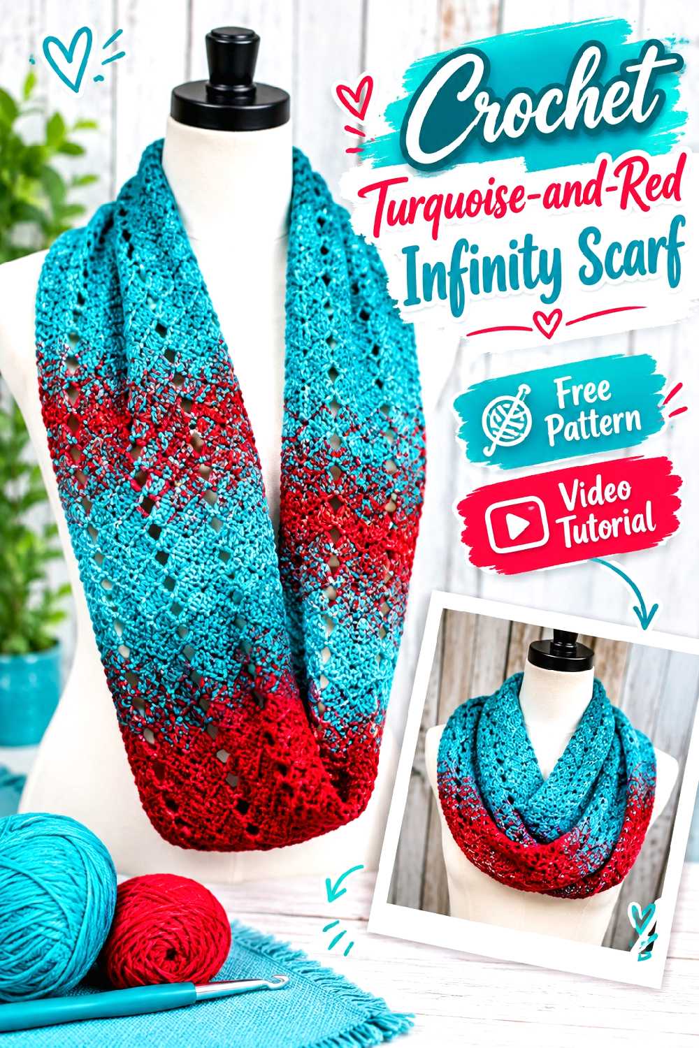 Crochet Turquoise and Red Infinity Scarf