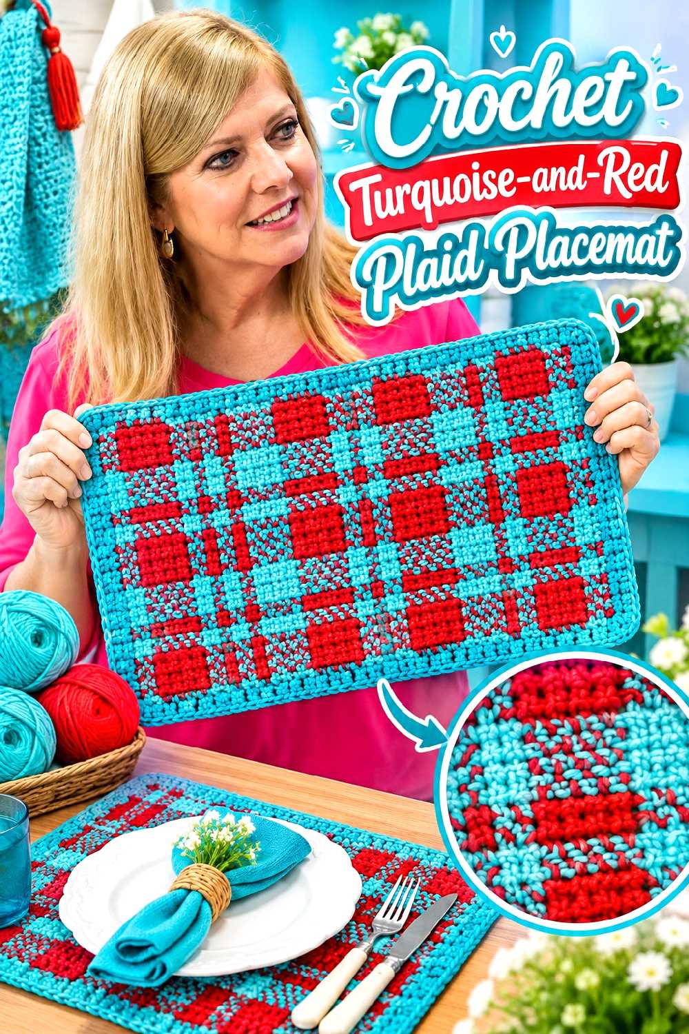 Crochet Turquoise and Red Plaid Placemat