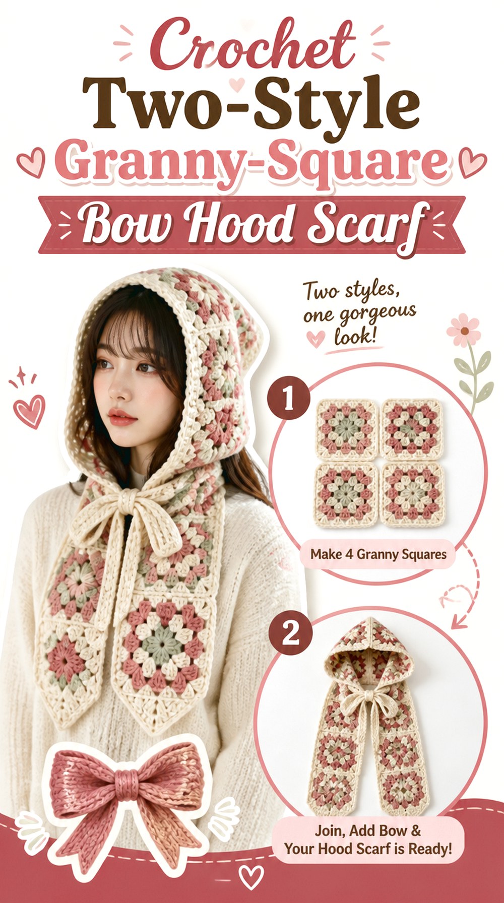 Crochet Two Style Granny Square Bow Hood Scarf