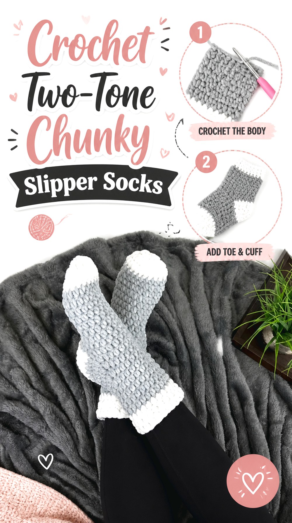 Crochet Two Tone Chunky Slipper Socks