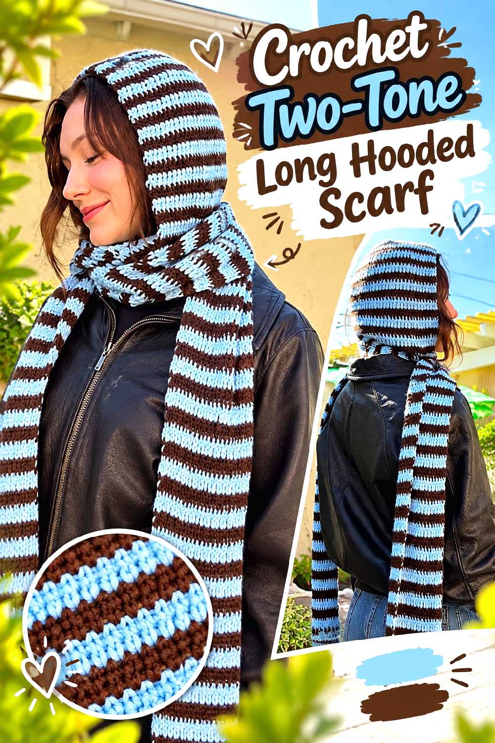 22. Crochet Two Tone Long Hooded Scarf