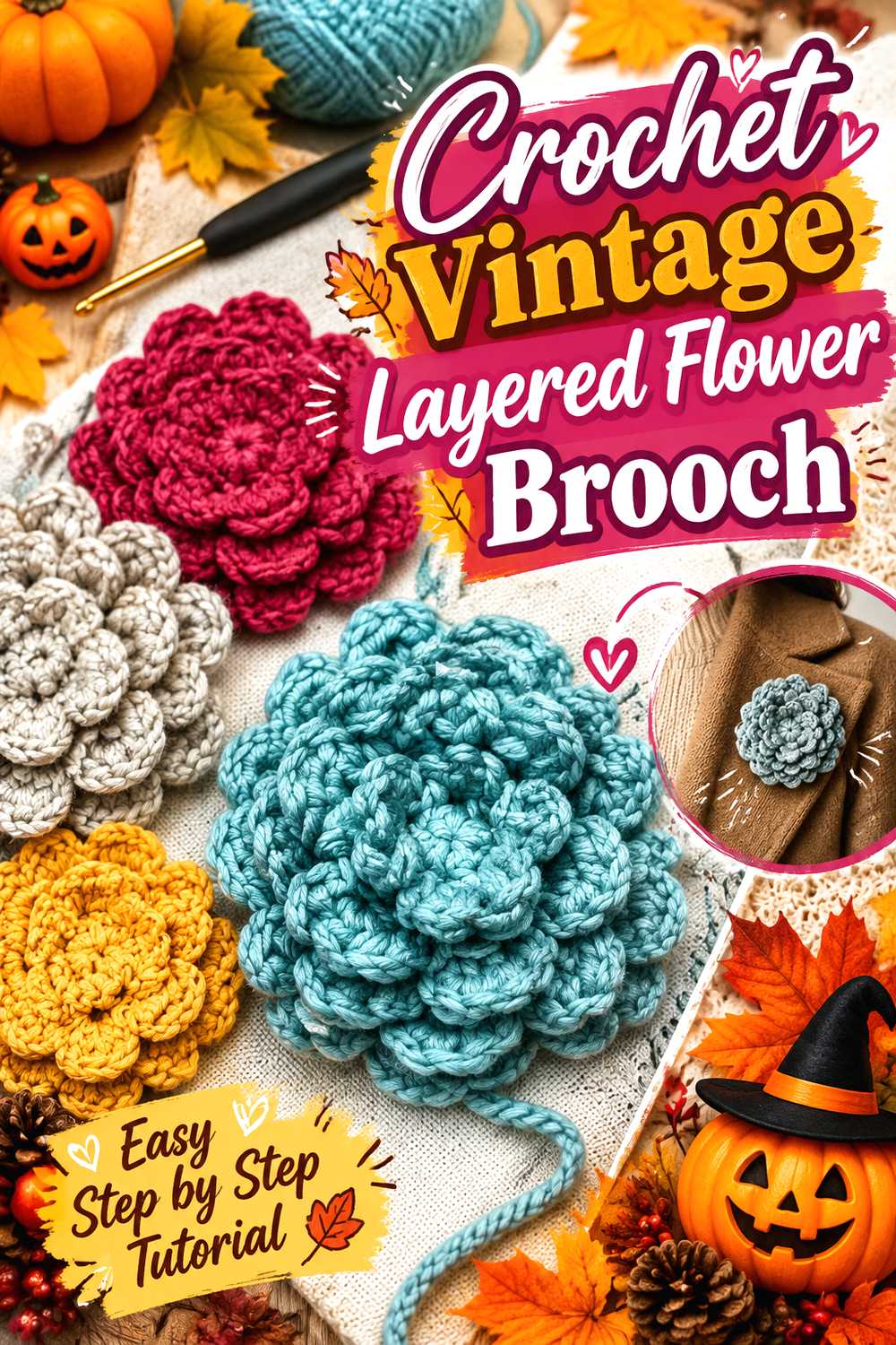 Crochet Vintage Layered Flower Brooch