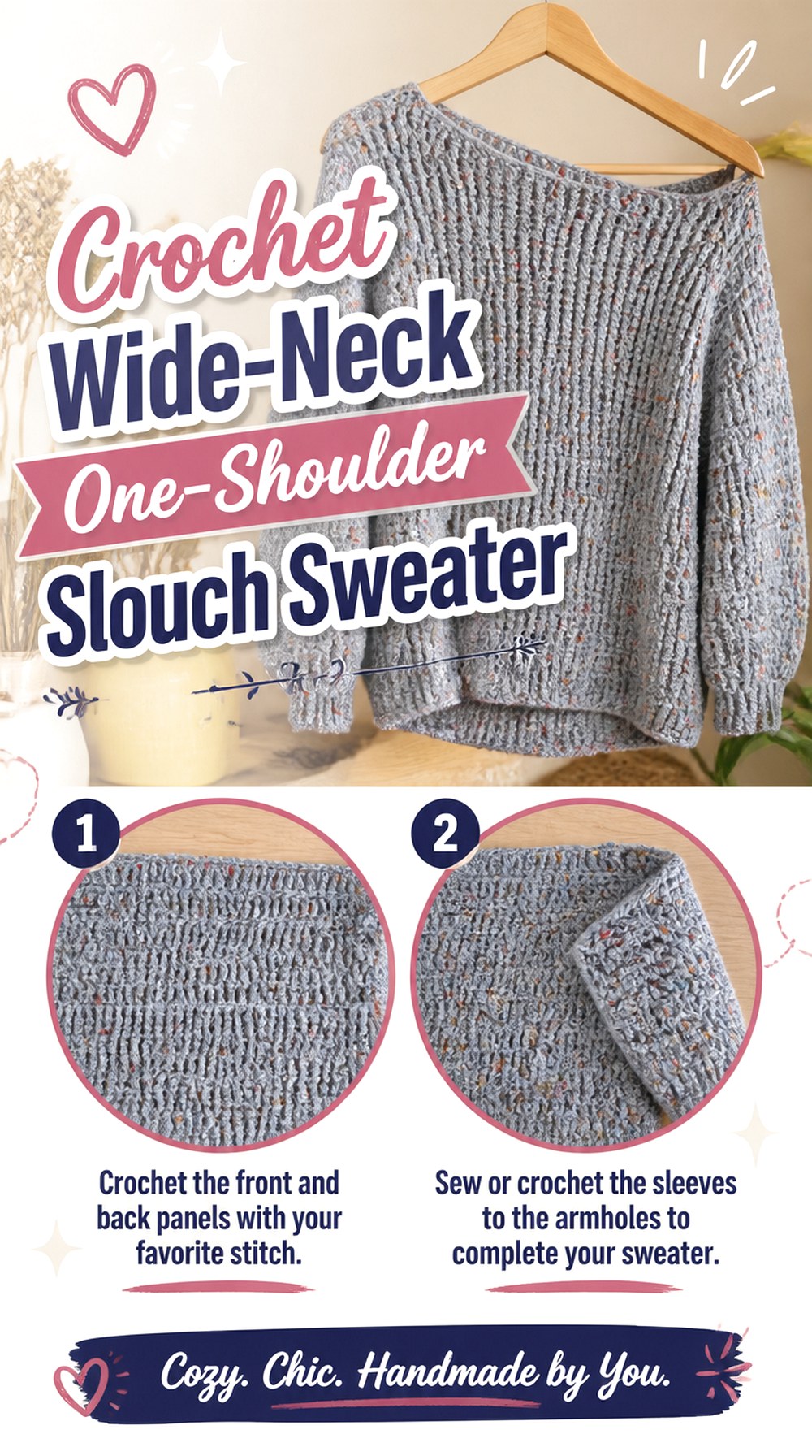 Crochet Wide Neck One Shoulder Slouch Sweater