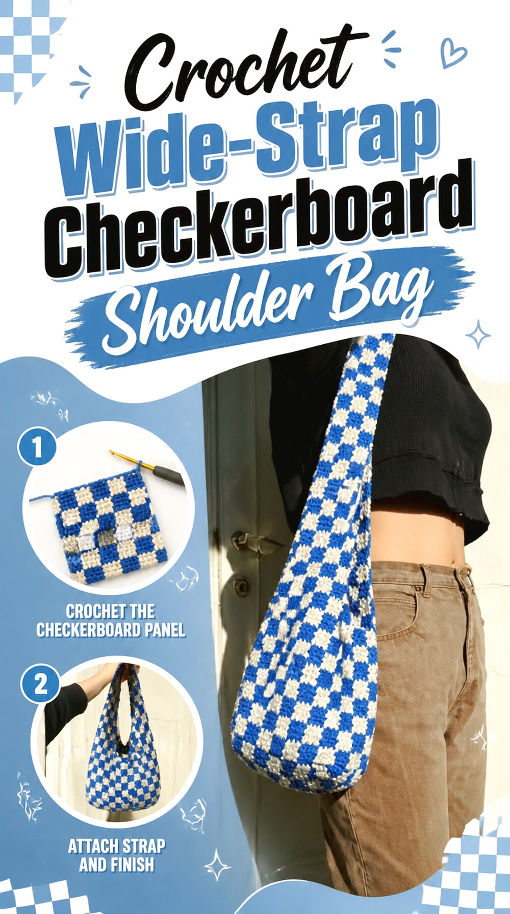Crochet Wide Strap Checkerboard Shoulder Bag