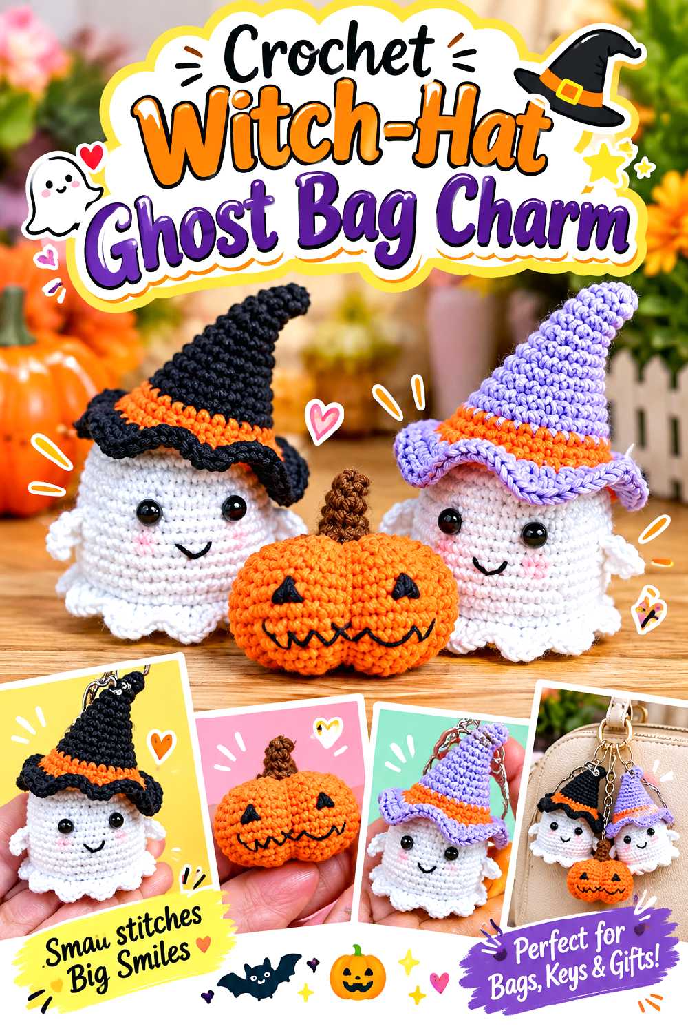 Crochet Witch Hat Ghost Bag Charm