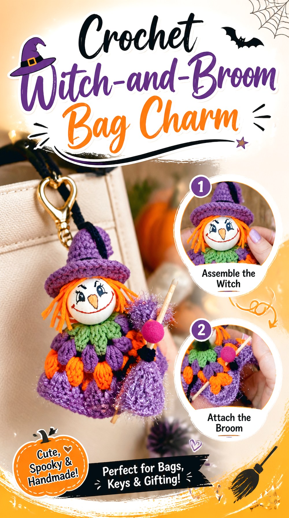 Crochet Witch and Broom Bag Charm