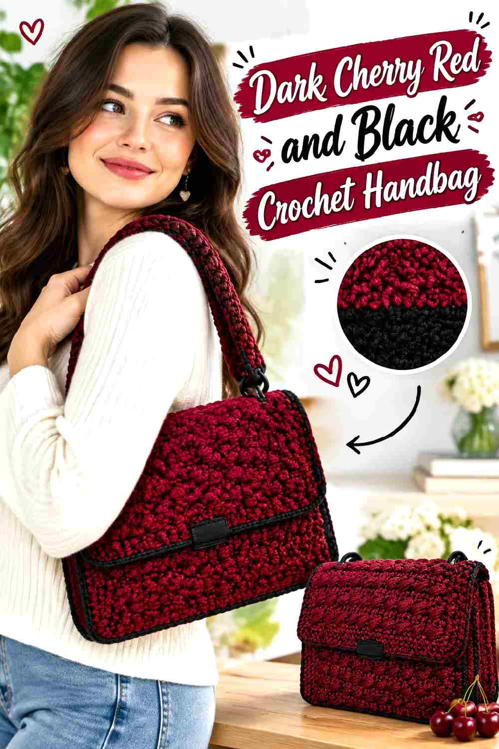 18. Dark Cherry Red And Black Crochet Handbag