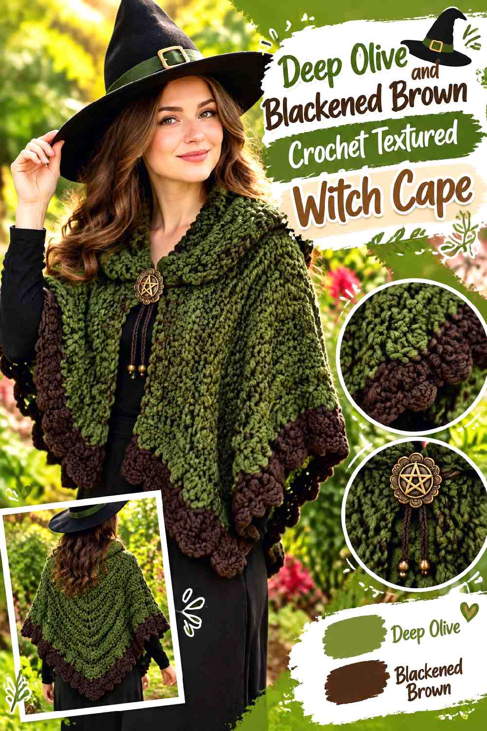 8. Deep Olive And Blackened Brown Crochet Textured Witch Cape