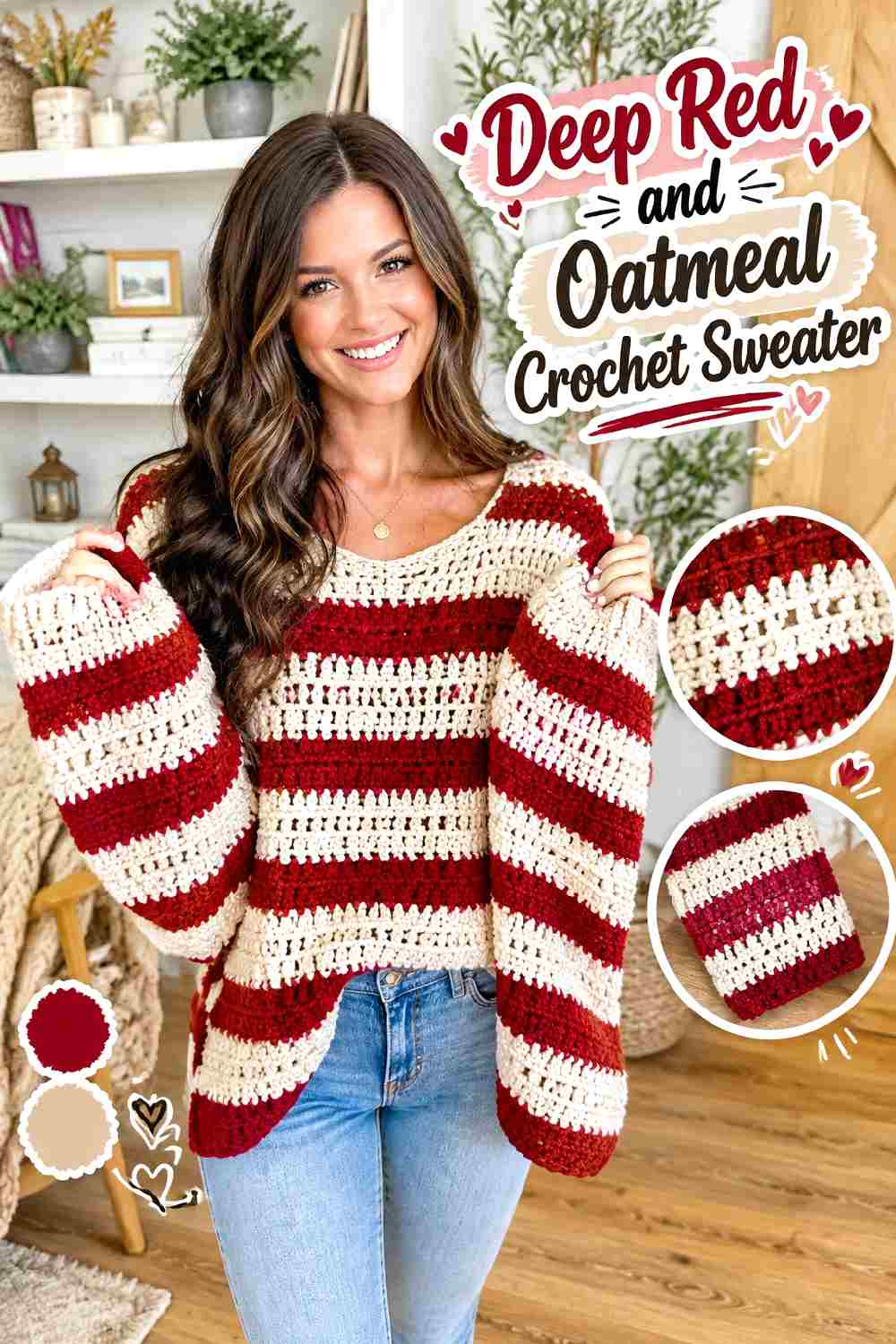 3. Deep Red And Oatmeal Crochet Sweater