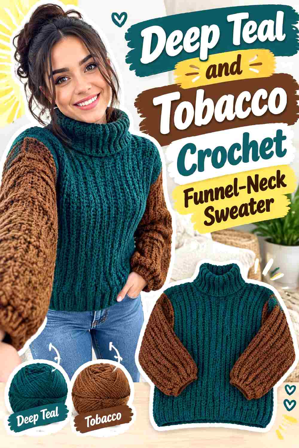 17. Deep Teal And Tobacco Crochet Funnel Neck Sweater