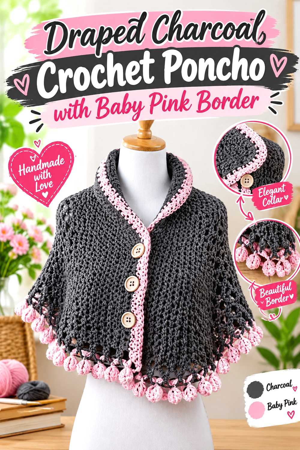 Draped Charcoal Crochet Poncho with Baby Pink Border