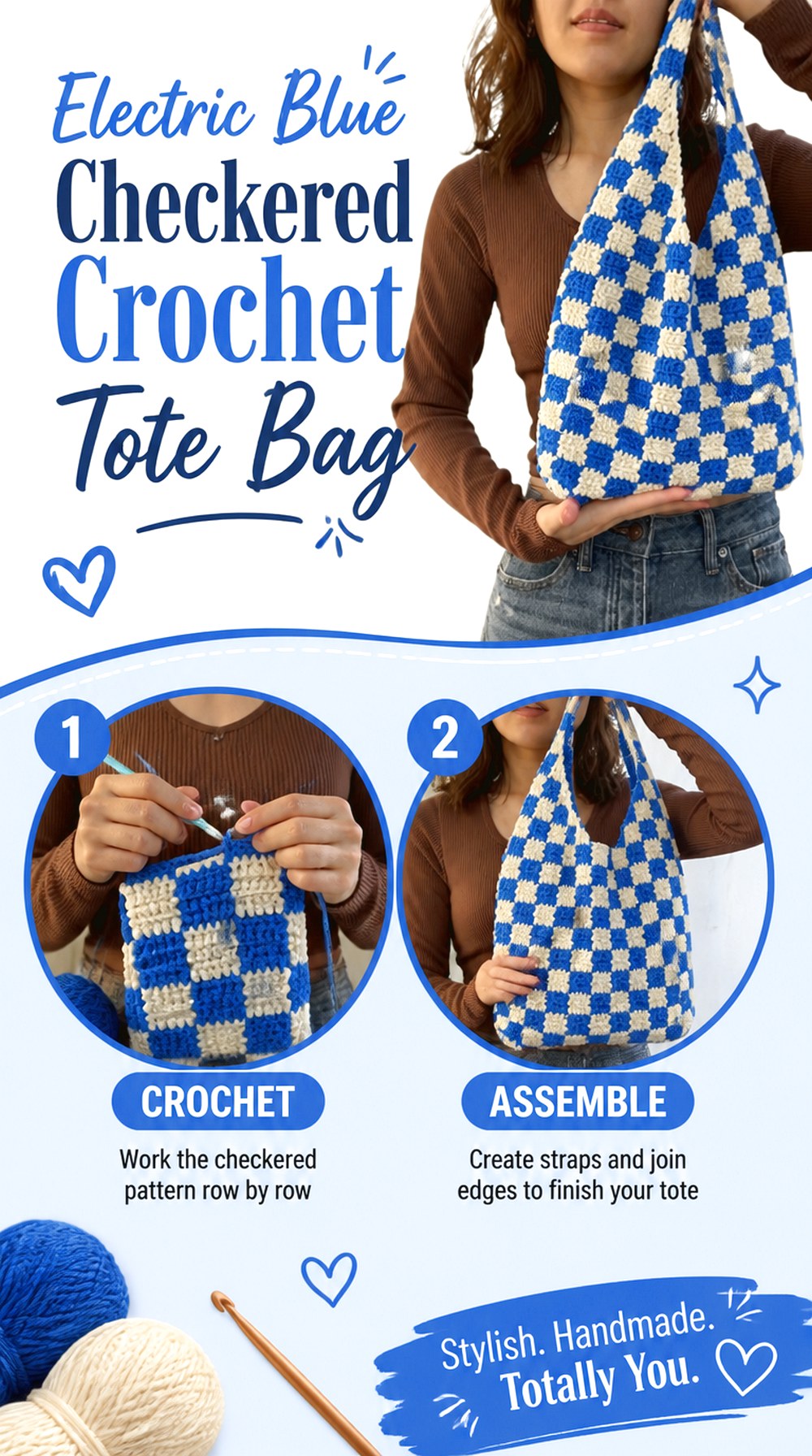 Electric Blue Checkered Crochet Tote Bag