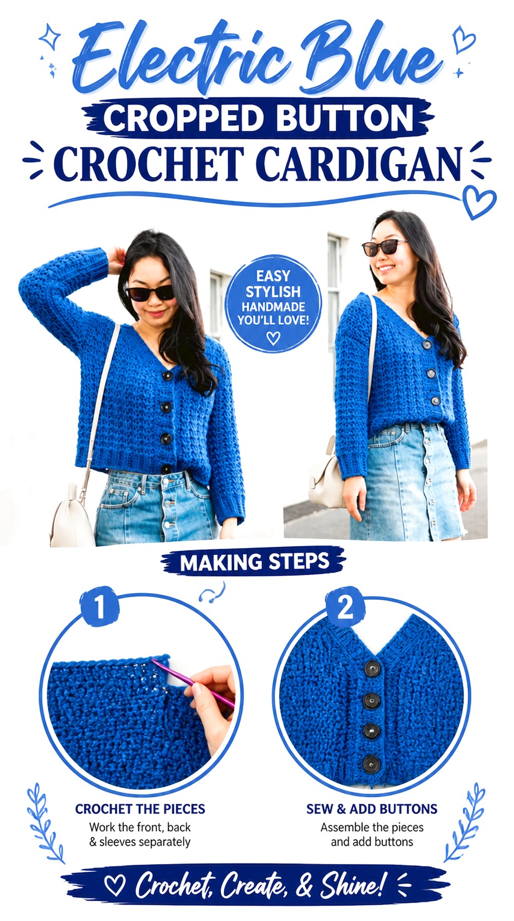 Electric Blue Cropped Button Crochet Cardigan