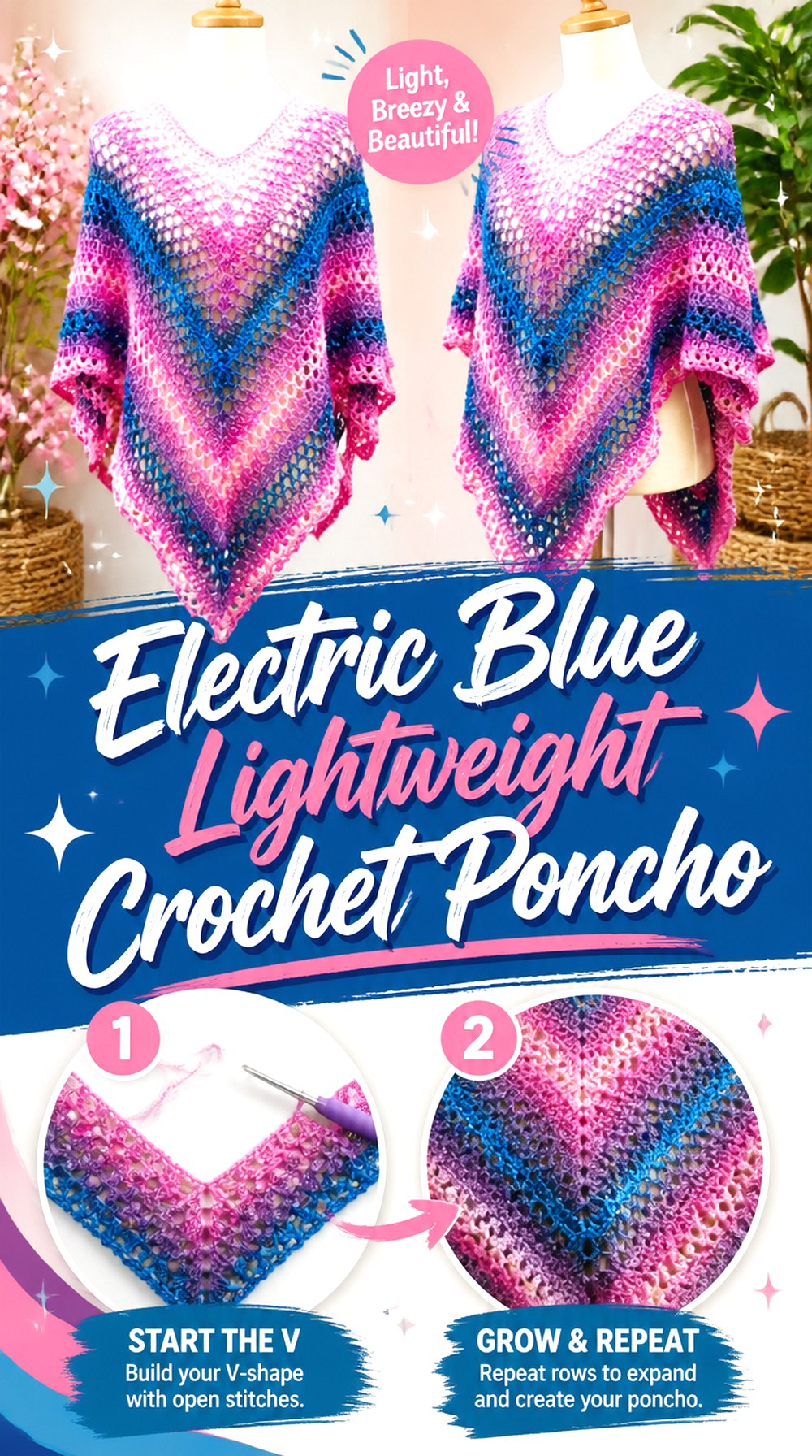 Electric Blue Lightweight Crochet Poncho