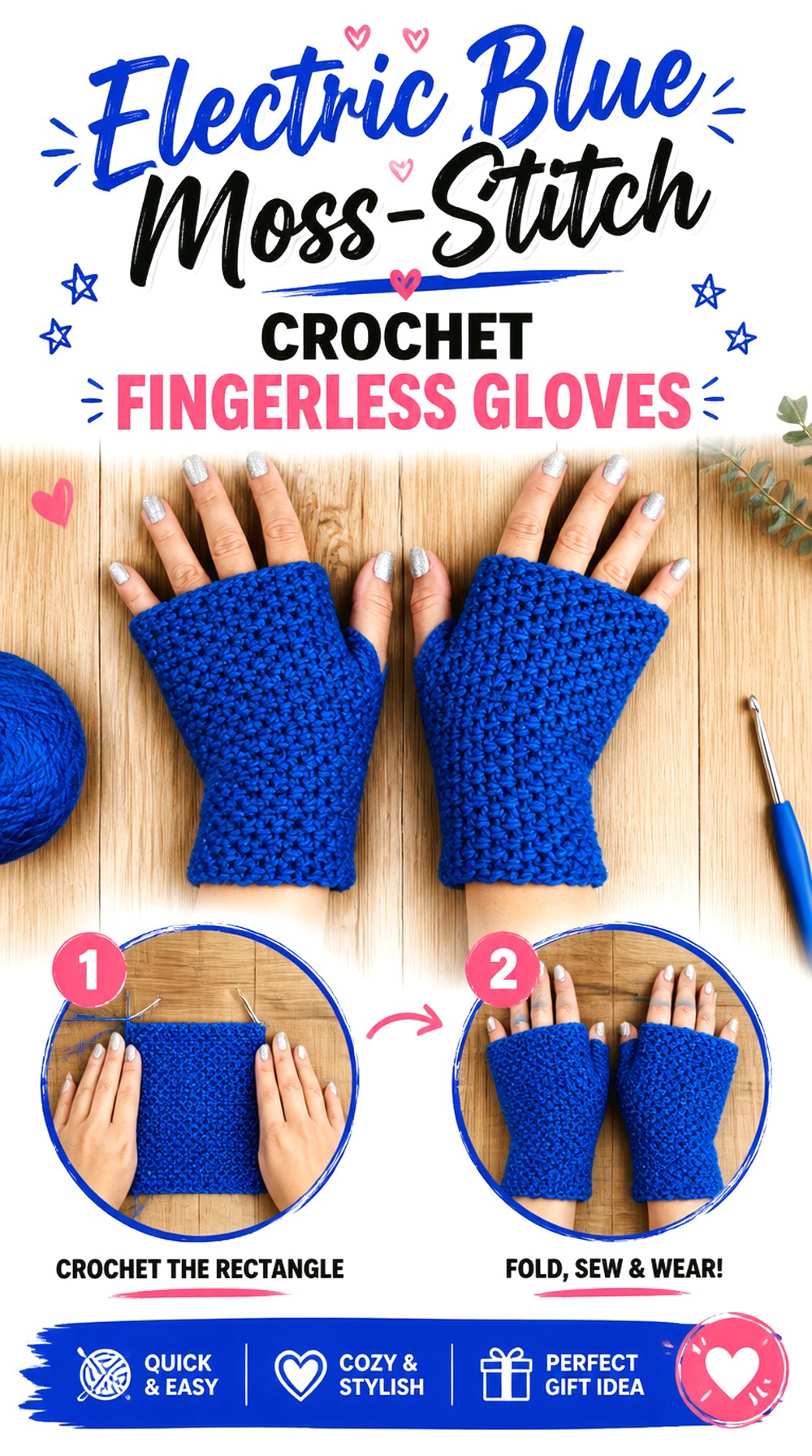 Electric Blue Moss Stitch Crochet Fingerless Gloves