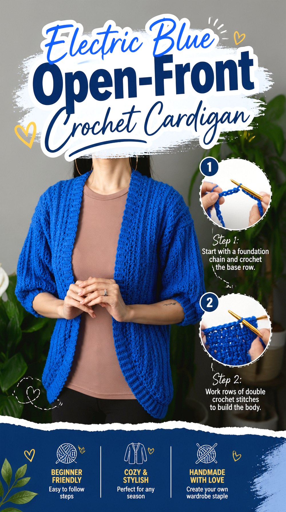 Electric Blue Open Front Crochet Cardigan