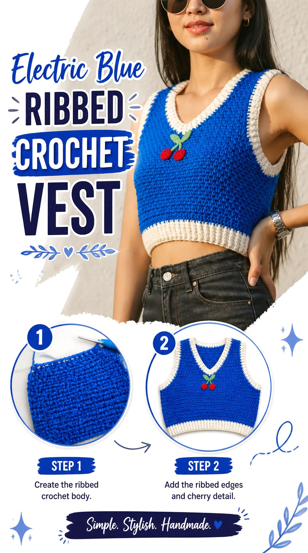 Electric Blue Ribbed Crochet Vest