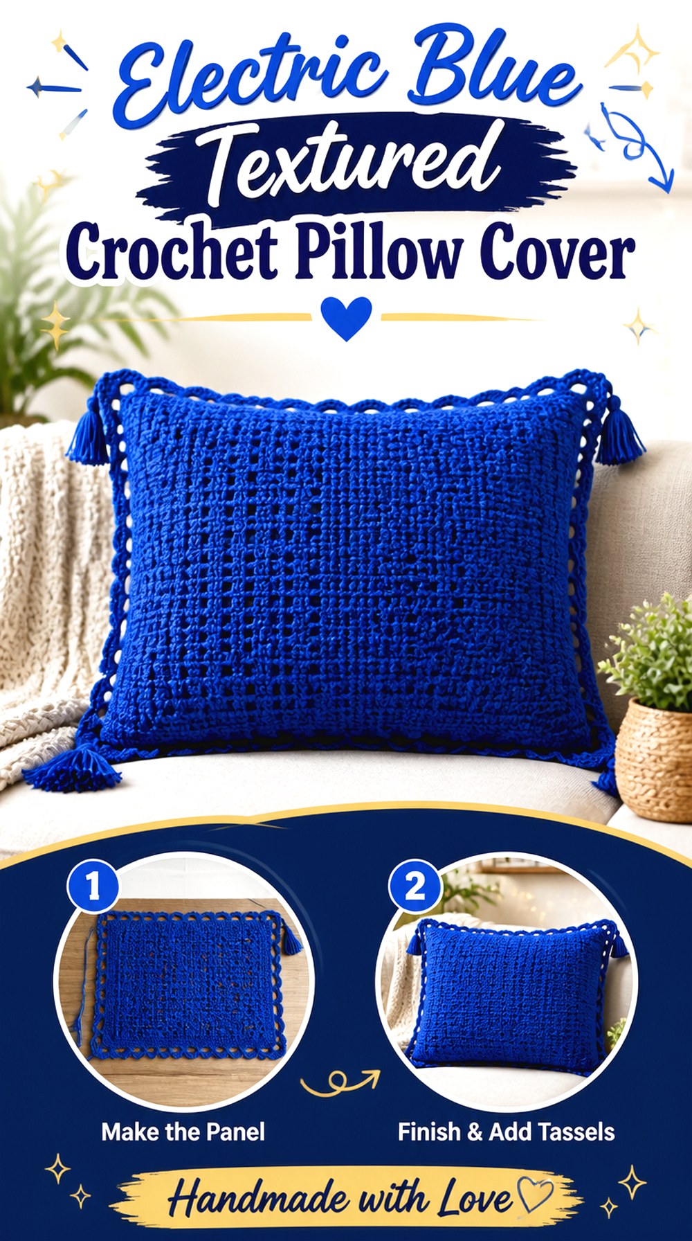 Electric Blue Textured Crochet Pillow Cover