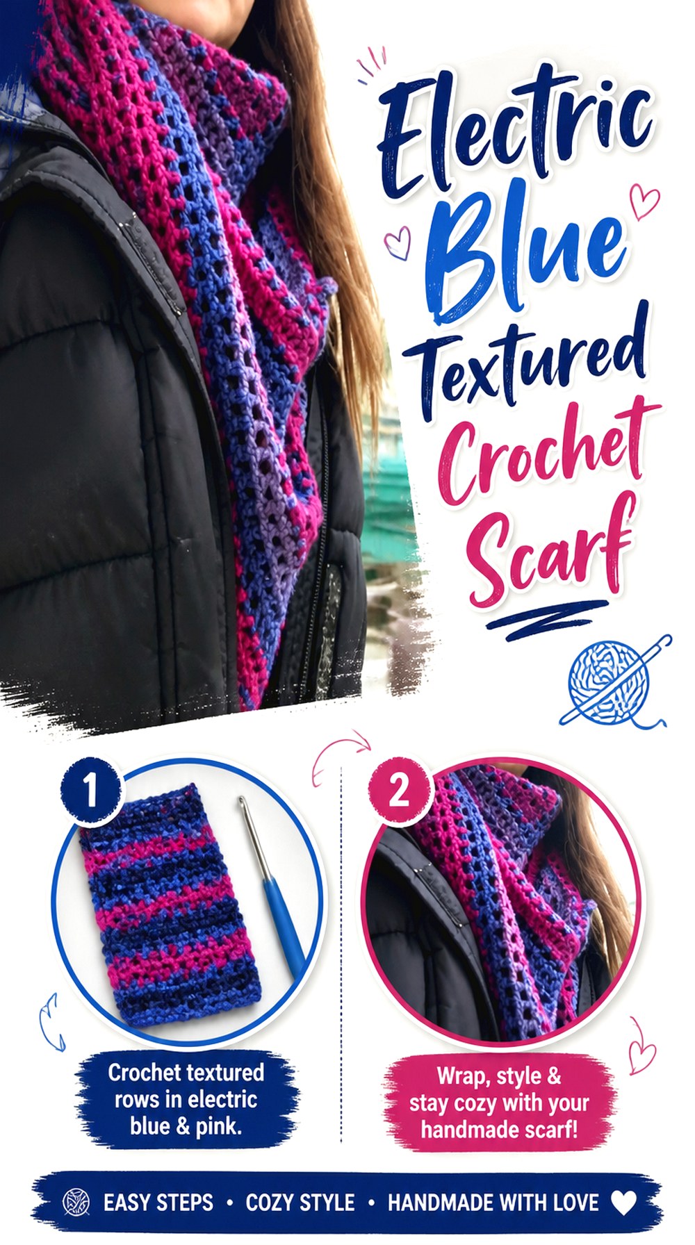 Electric Blue Textured Crochet Scarf