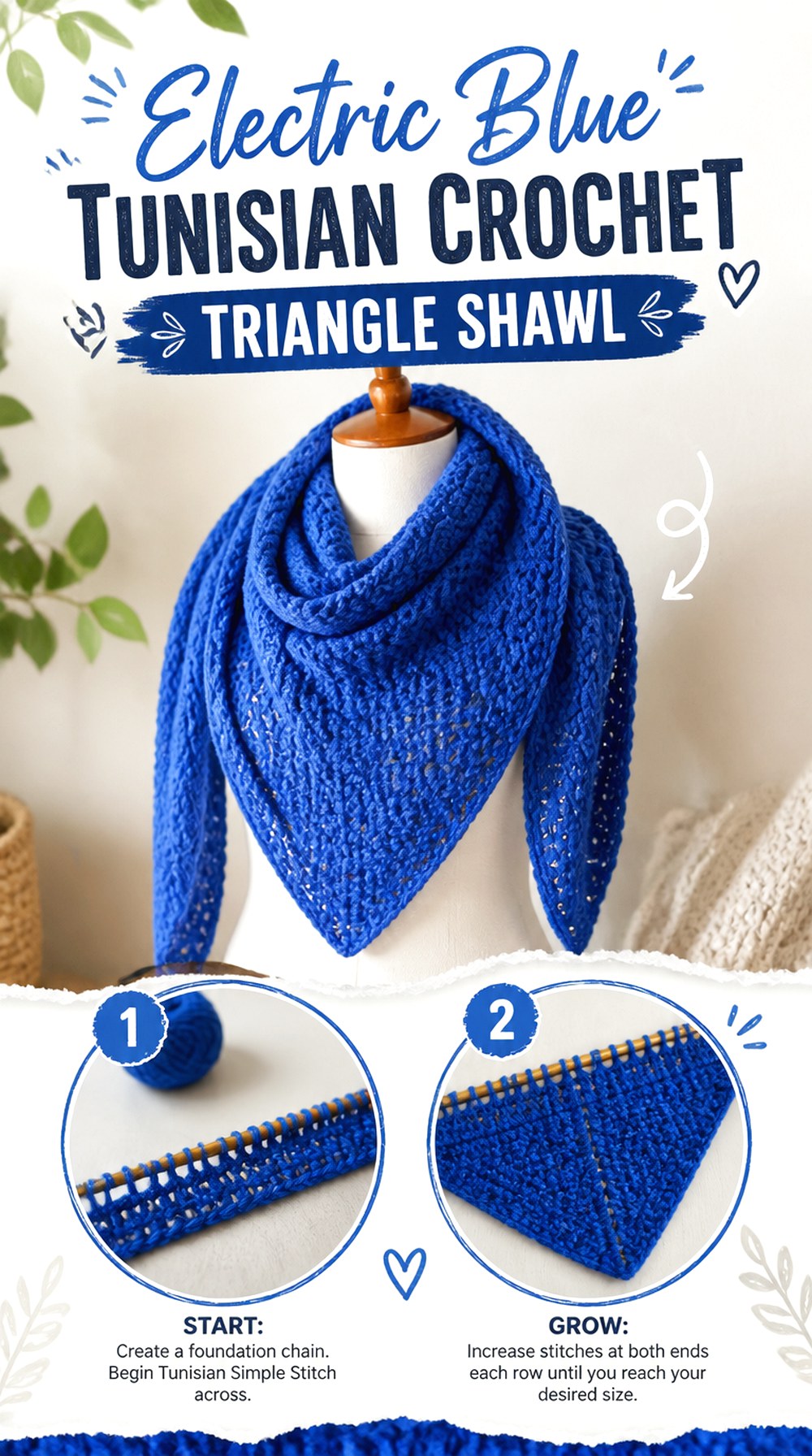 Electric Blue Tunisian Crochet Triangle Shawl