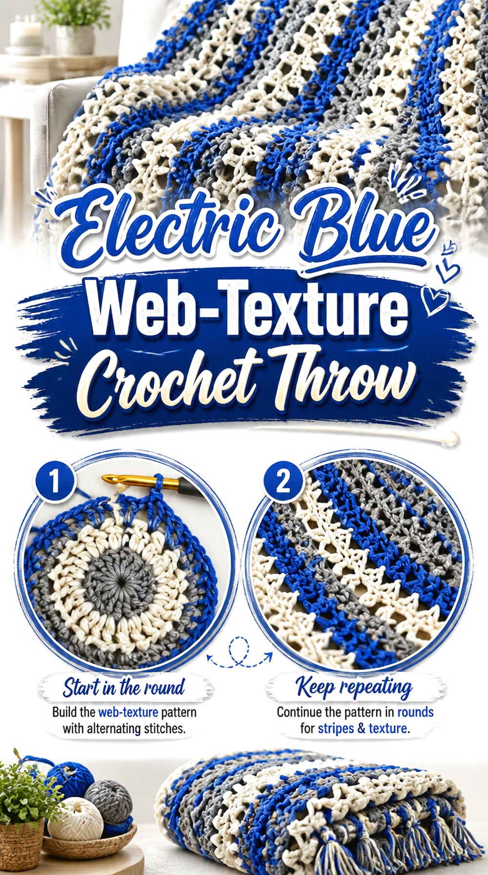 Electric Blue Web Texture Crochet Throw