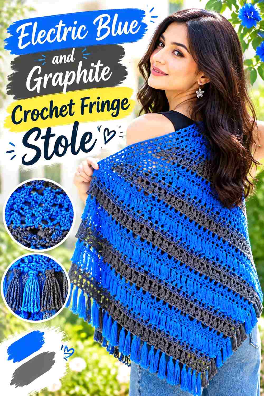 2. Electric Blue And Graphite Crochet Fringe Stole