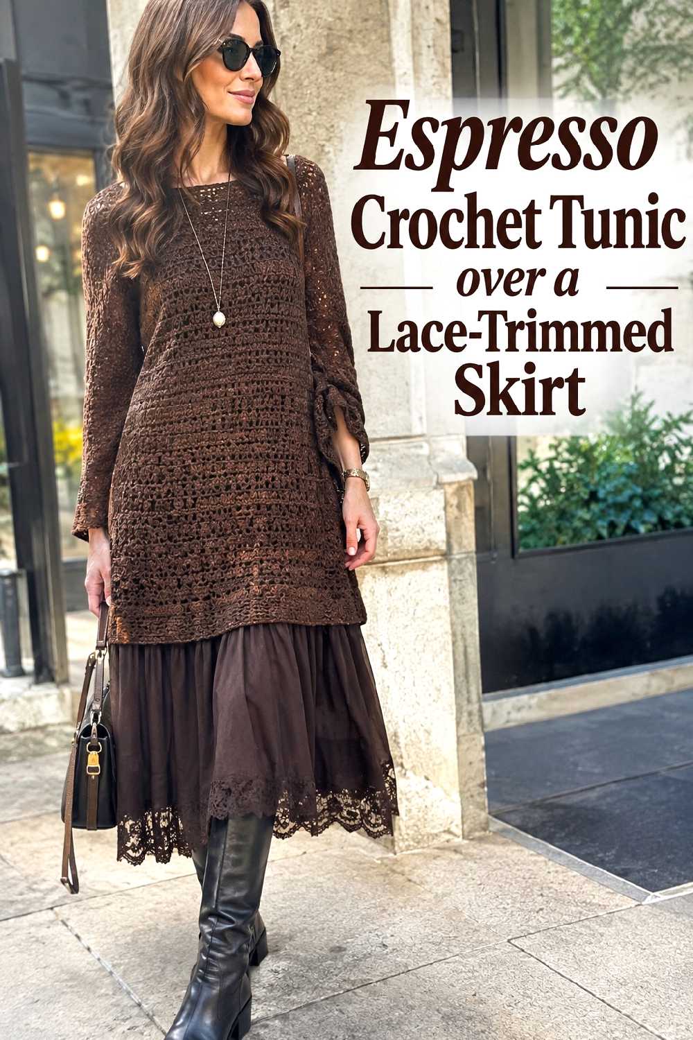 12. Espresso Crochet Tunic Over A Lace Trimmed Skirt