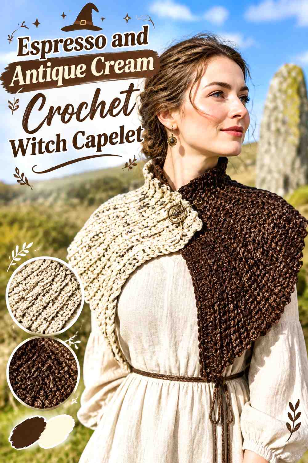 4. Espresso And Antique Cream Crochet Witch Capelet