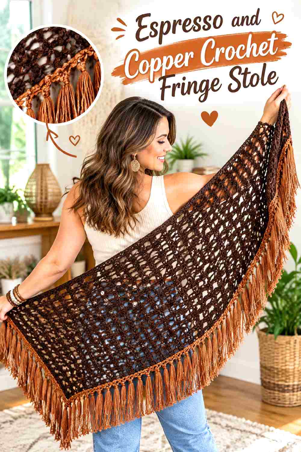 14. Espresso And Copper Crochet Fringe Stole