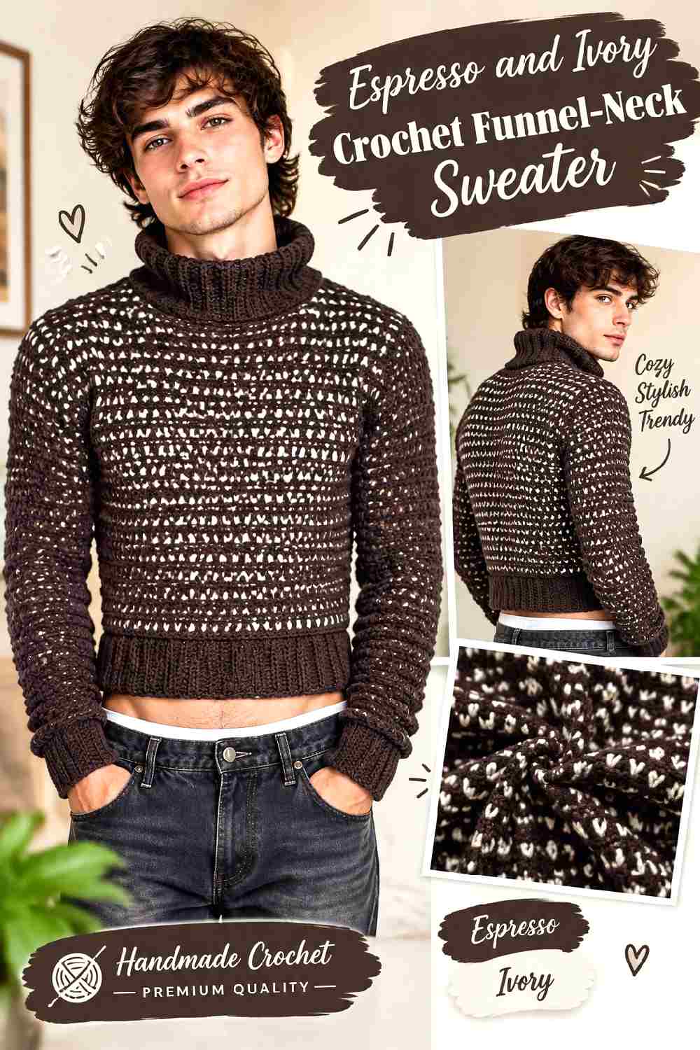 11. Espresso And Ivory Crochet Funnel Neck Sweater