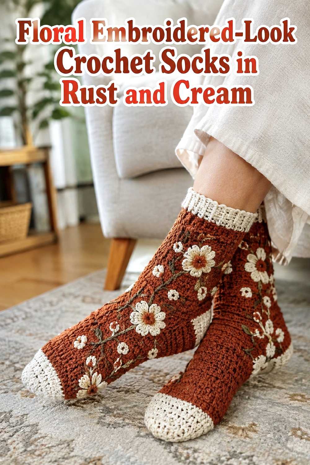 1. Floral Embroidered Look Crochet Socks In Rust And Cream
