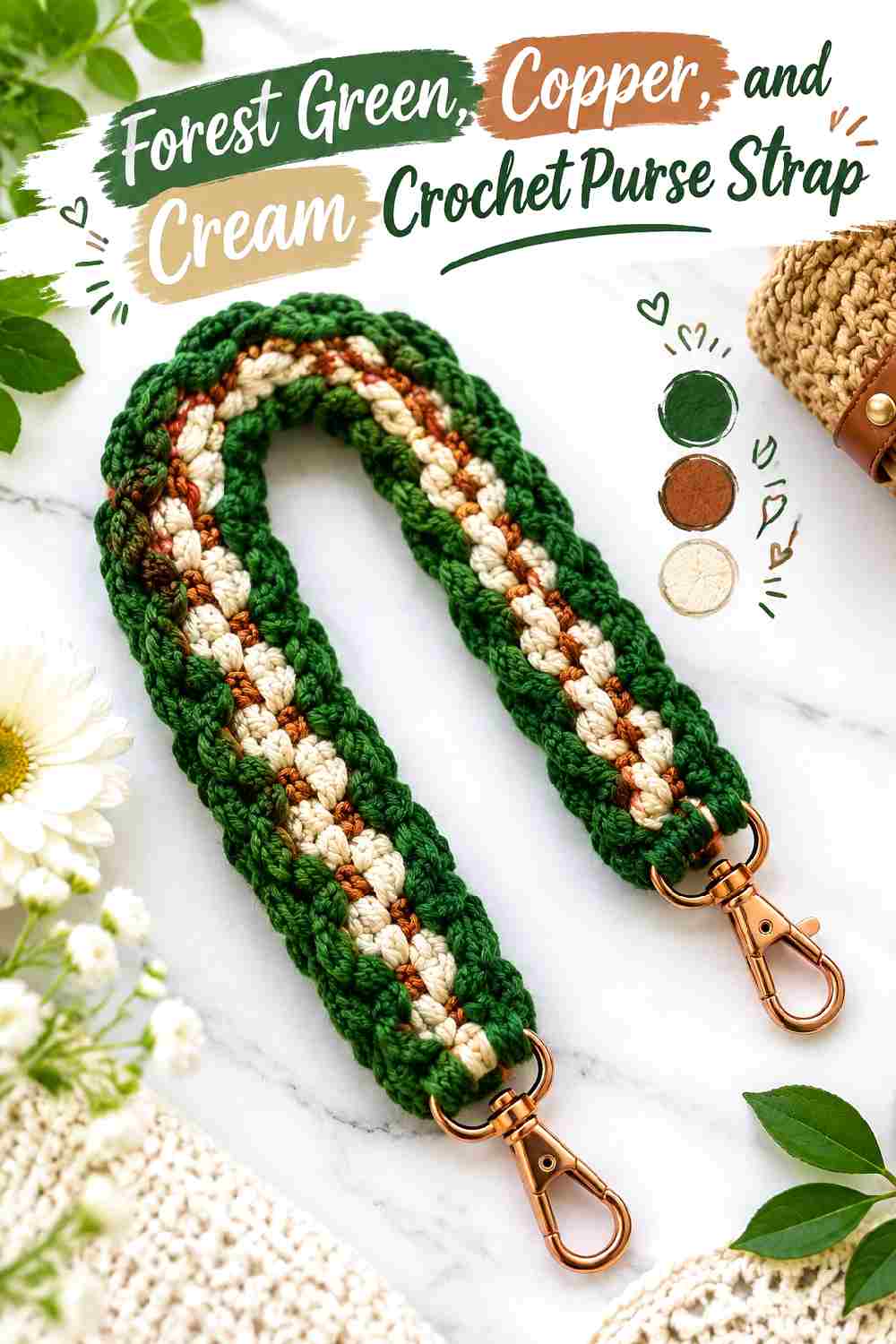 6. Forest Green Copper And Cream Crochet Purse Strap