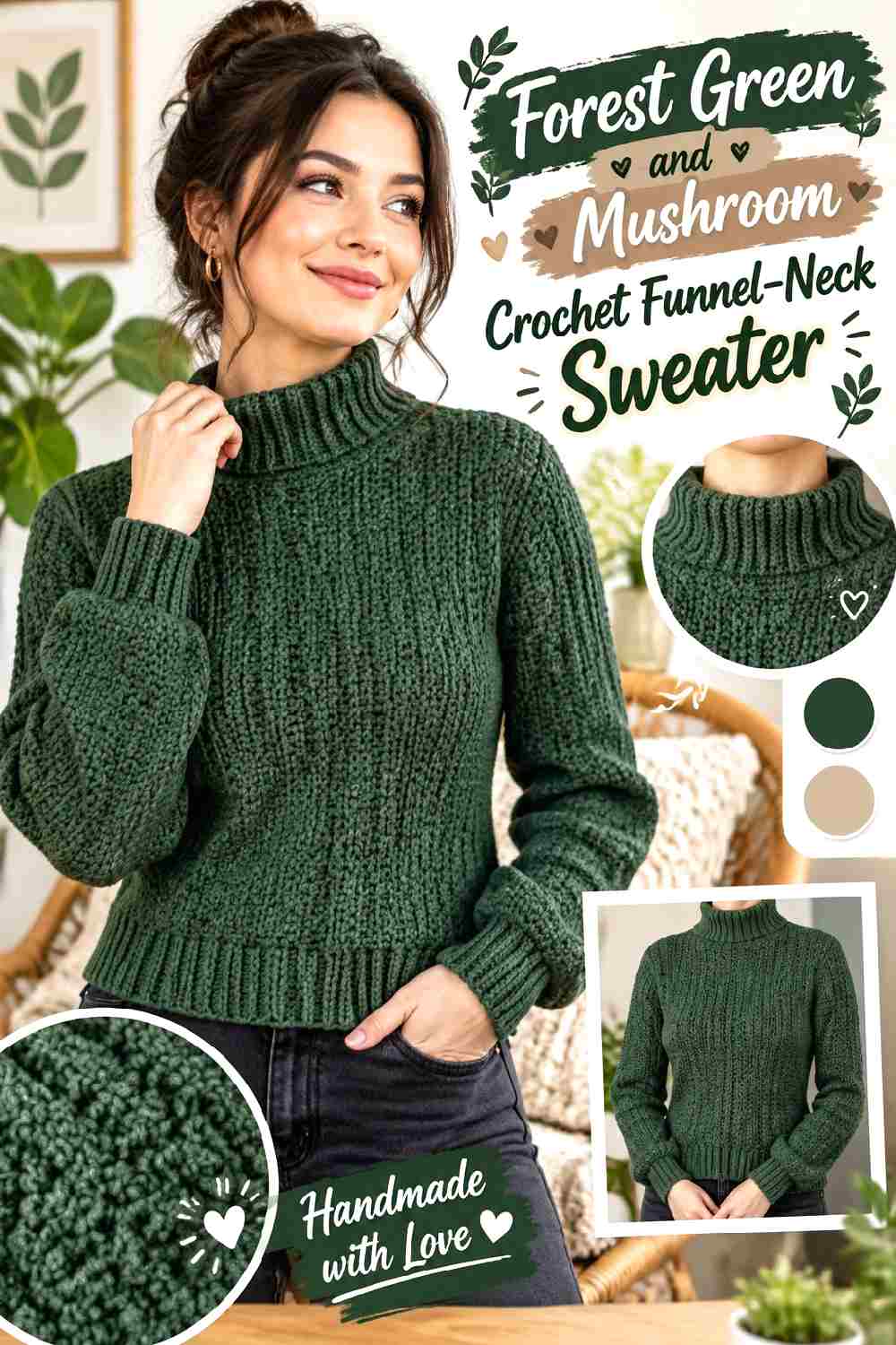 8. Forest Green And Mushroom Crochet Funnel Neck Sweater