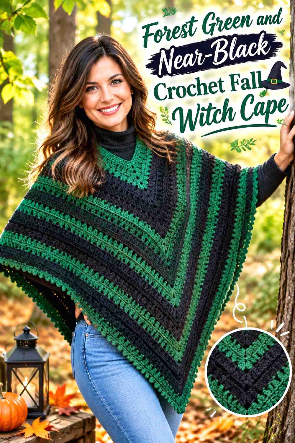 14. Forest Green And Near Black Crochet Fall Witch Cape