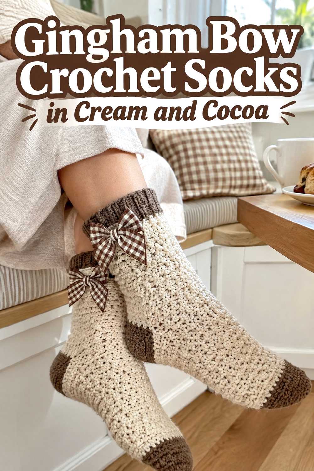 9. Gingham Bow Crochet Socks In Cream And Cocoa