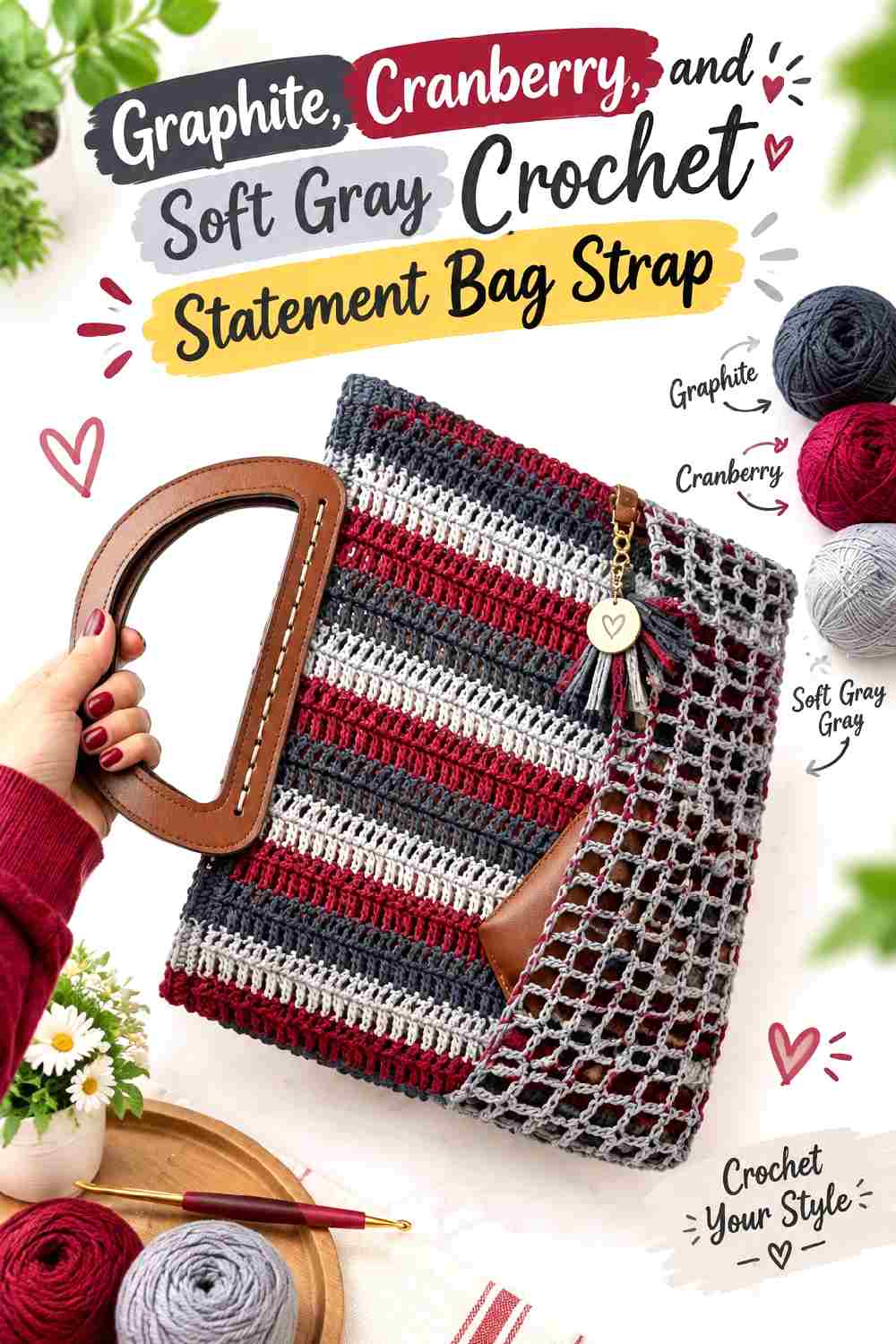17. Graphite Cranberry And Soft Gray Crochet Statement Bag Strap