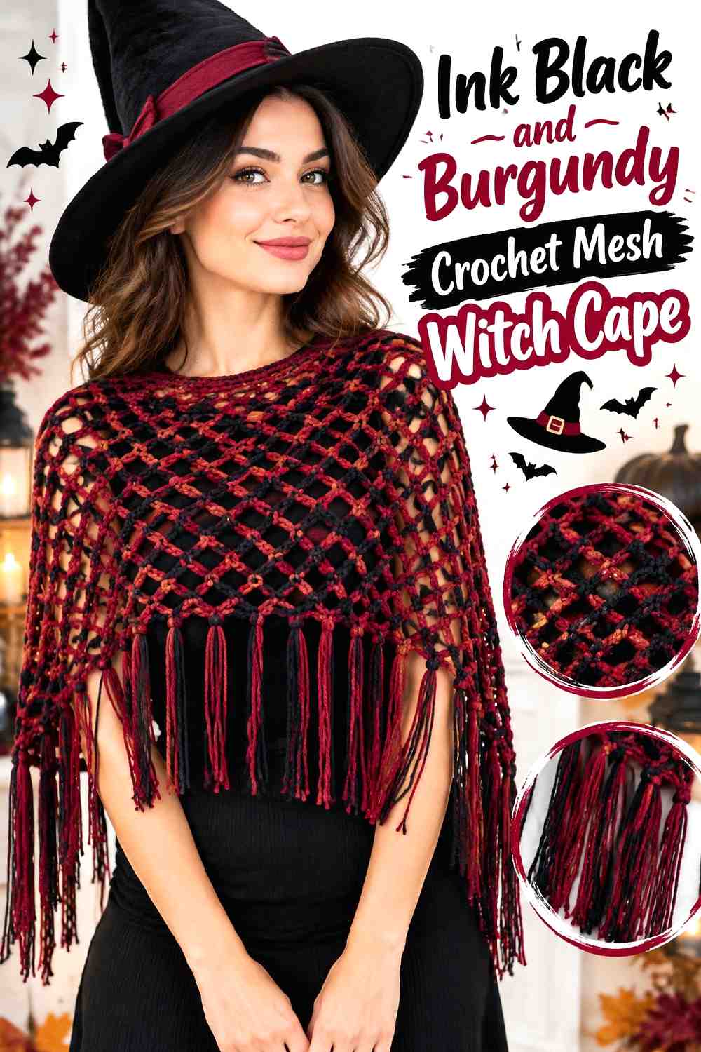 6. Ink Black And Burgundy Crochet Mesh Witch Cape