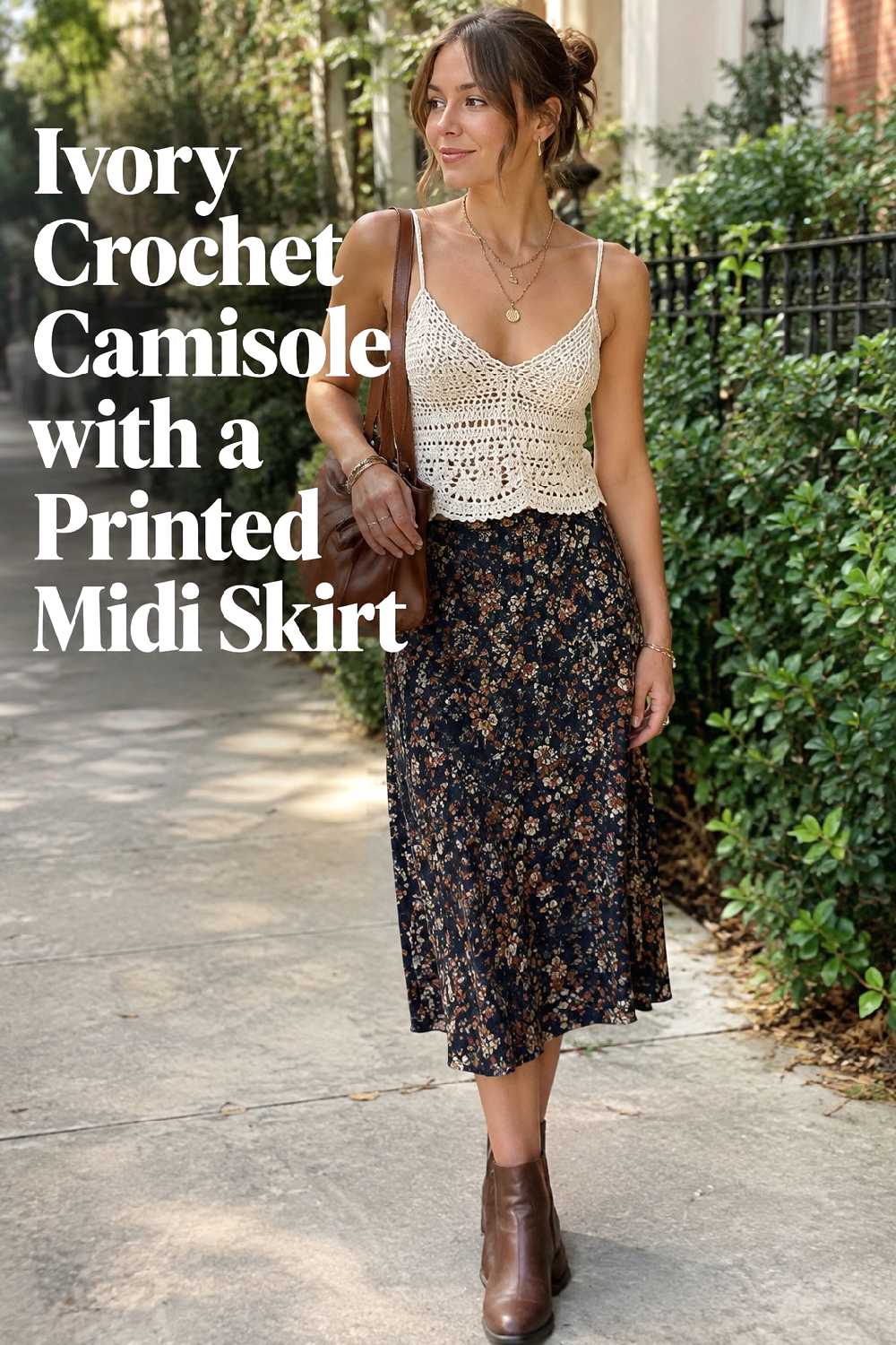 2. Ivory Crochet Camisole With A Printed Midi Skirt