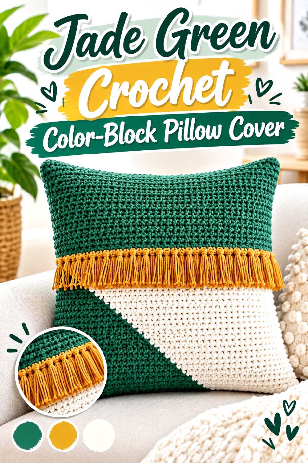 14. Jade Green Crochet Color Block Pillow Cover