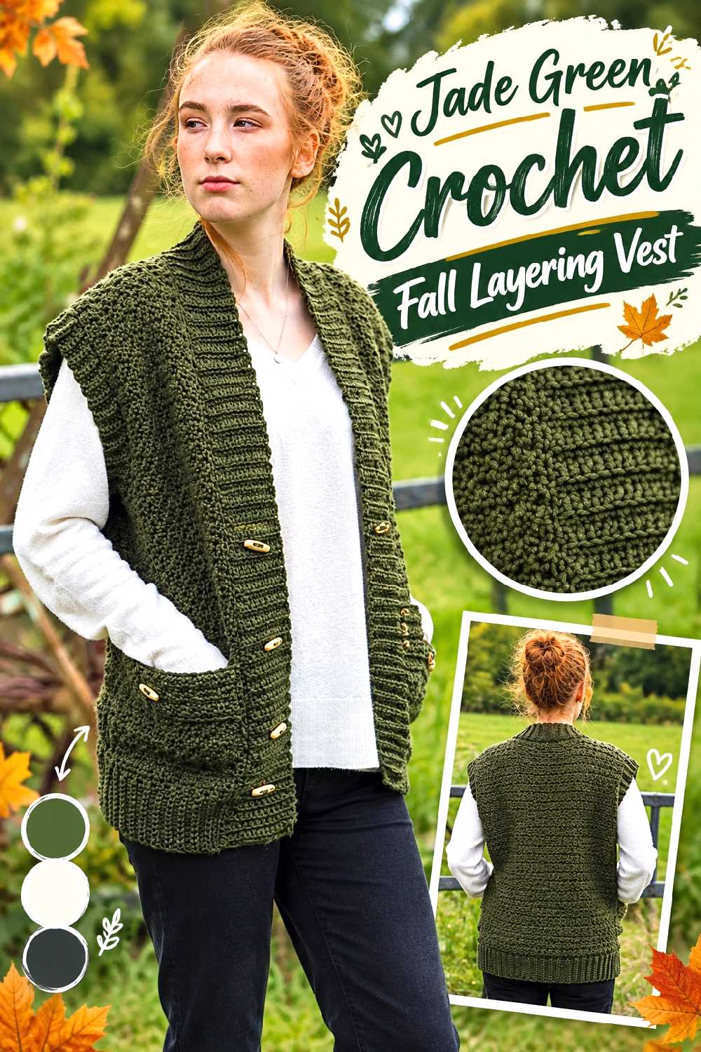 3. Jade Green Crochet Fall Layering Vest