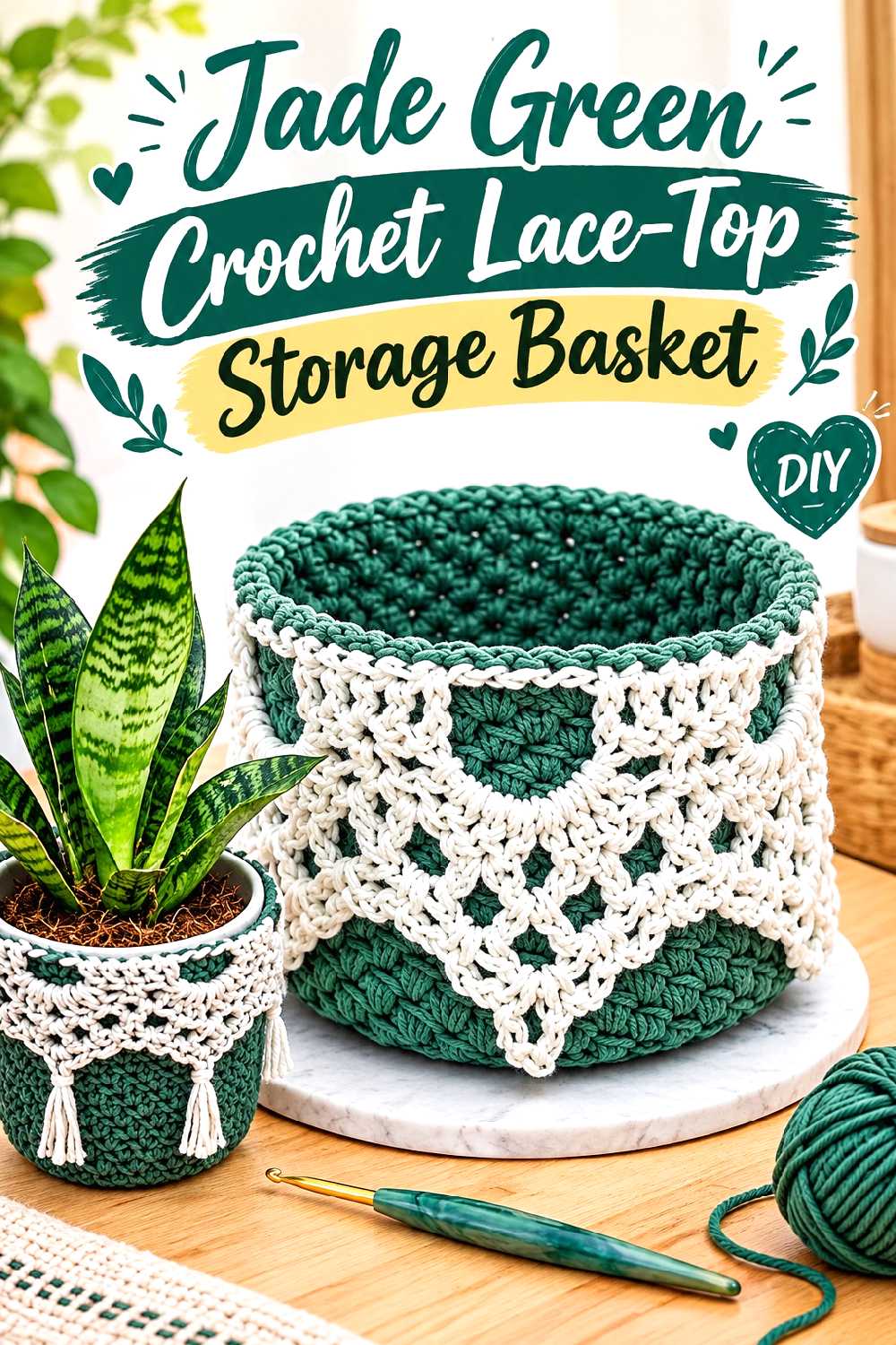 15. Jade Green Crochet Lace Top Storage Basket