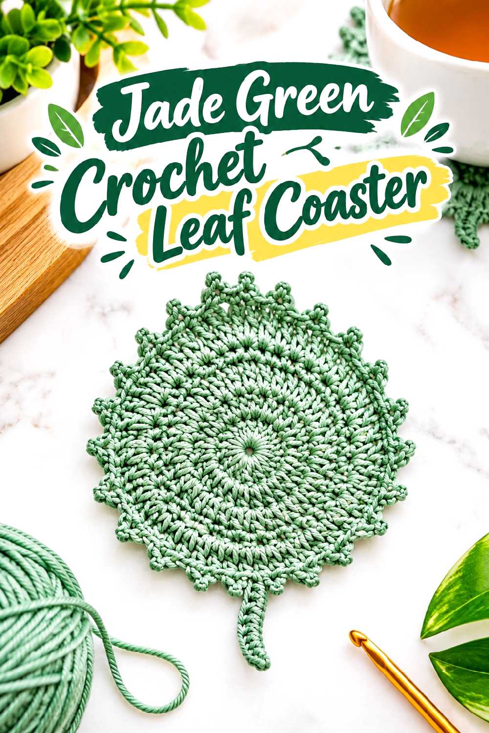 17. Jade Green Crochet Leaf Coaster