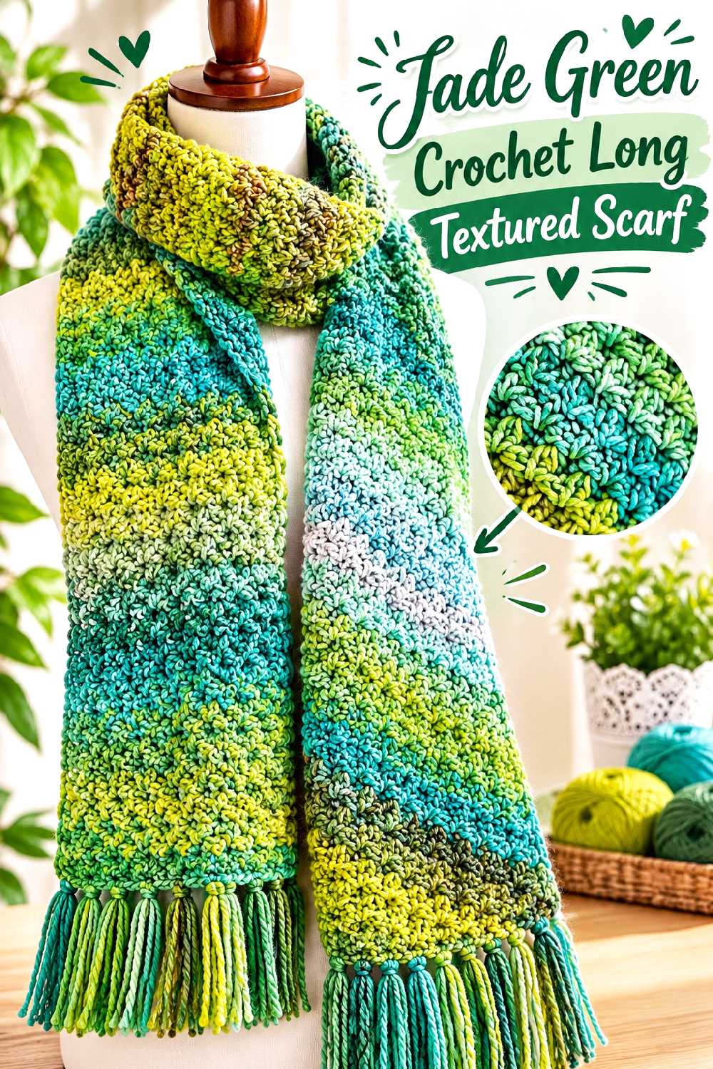 5. Jade Green Crochet Long Textured Scarf