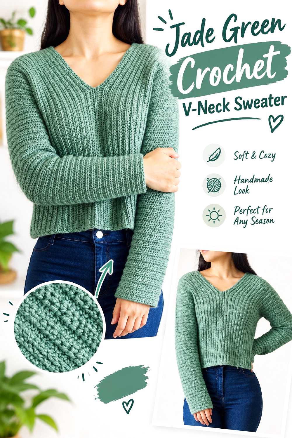 2. Jade Green Crochet V Neck Sweater